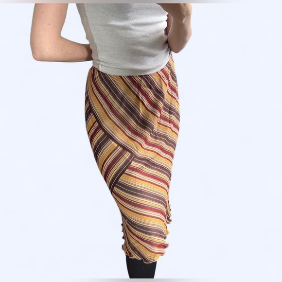 90s Nine West Womens Retro Brown Striped Silk Ruffle Hem Midi A-Line Skirt Large - Picture 2 of 13